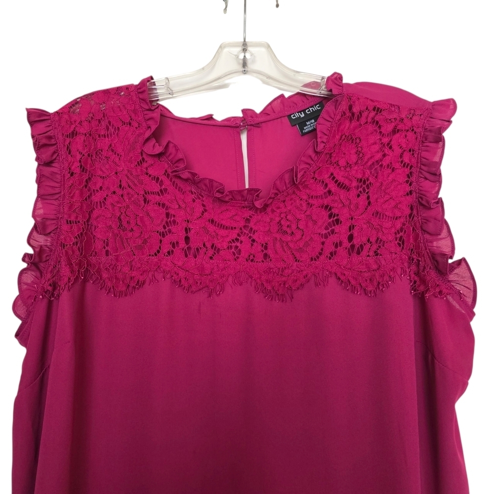 City Chic Women's Magenta Lace Ruffle Sleeveless Blouse - Picture 4 of 4